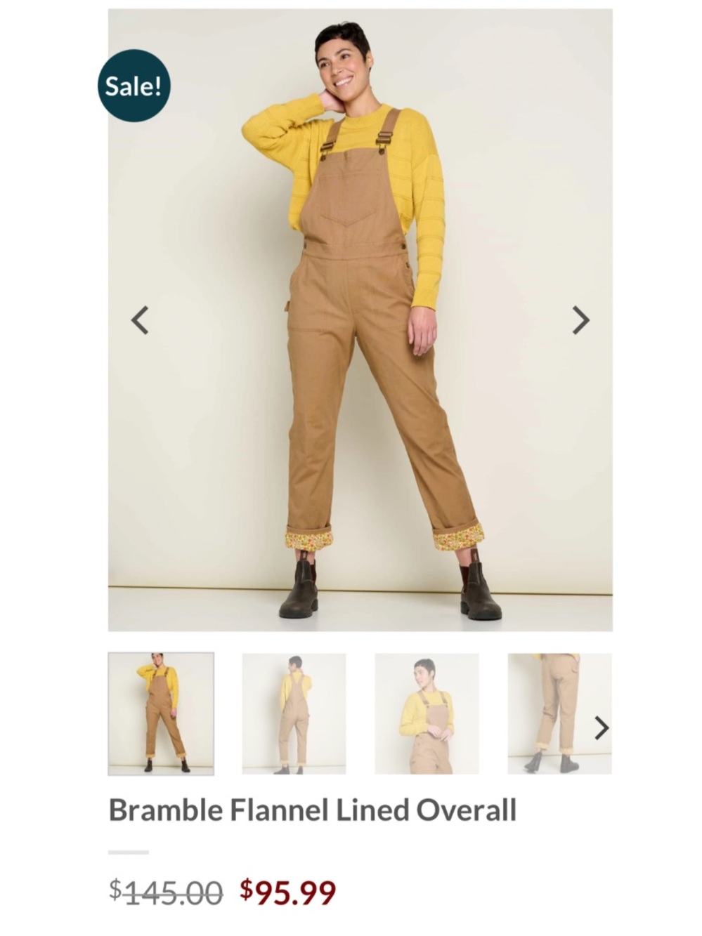 Toad&Co Bramble Flannel Lined Utility Women’s Overall - Small